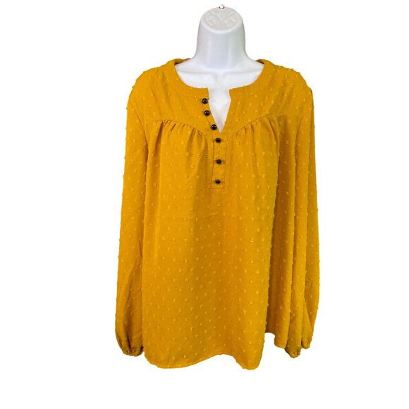 Shein Textured Blouse XL Mustard Yellow Long Sleeve Button Front Boho Fall Style - Picture 2 of 9